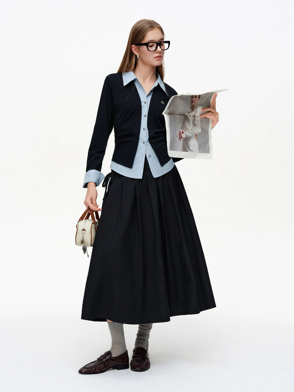 DUSHU 2026 Spring Women's Layered Knit Woven Shirt Regular Shoulder - Versatile Two-in-One Top for Refined Casual Daily Wear