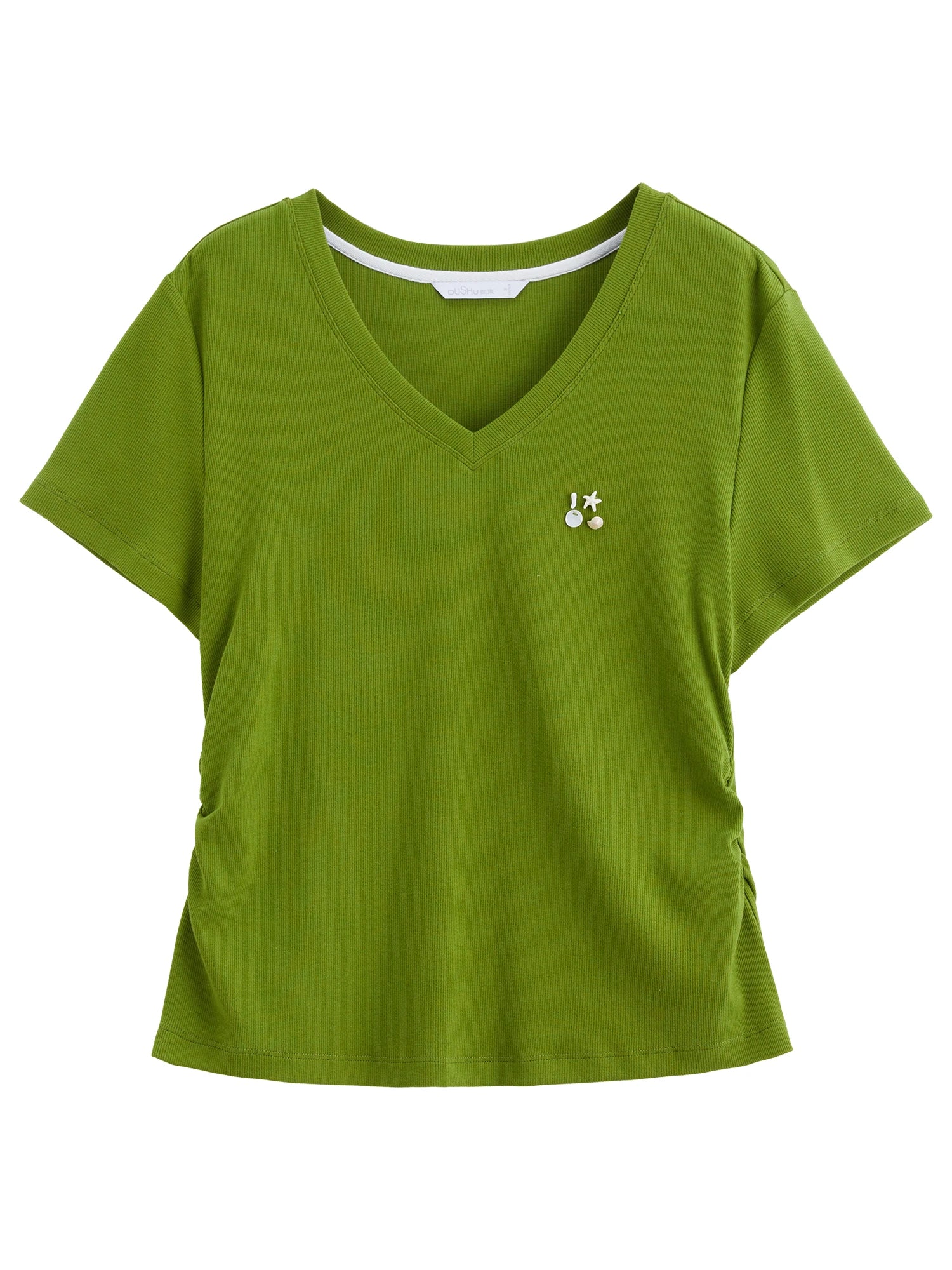 DUSHU Minimalist Style All-match V-neck T-shirt for Women 2025 New Summer Style Short-sleeved Waist Slimming Top 25DS82662