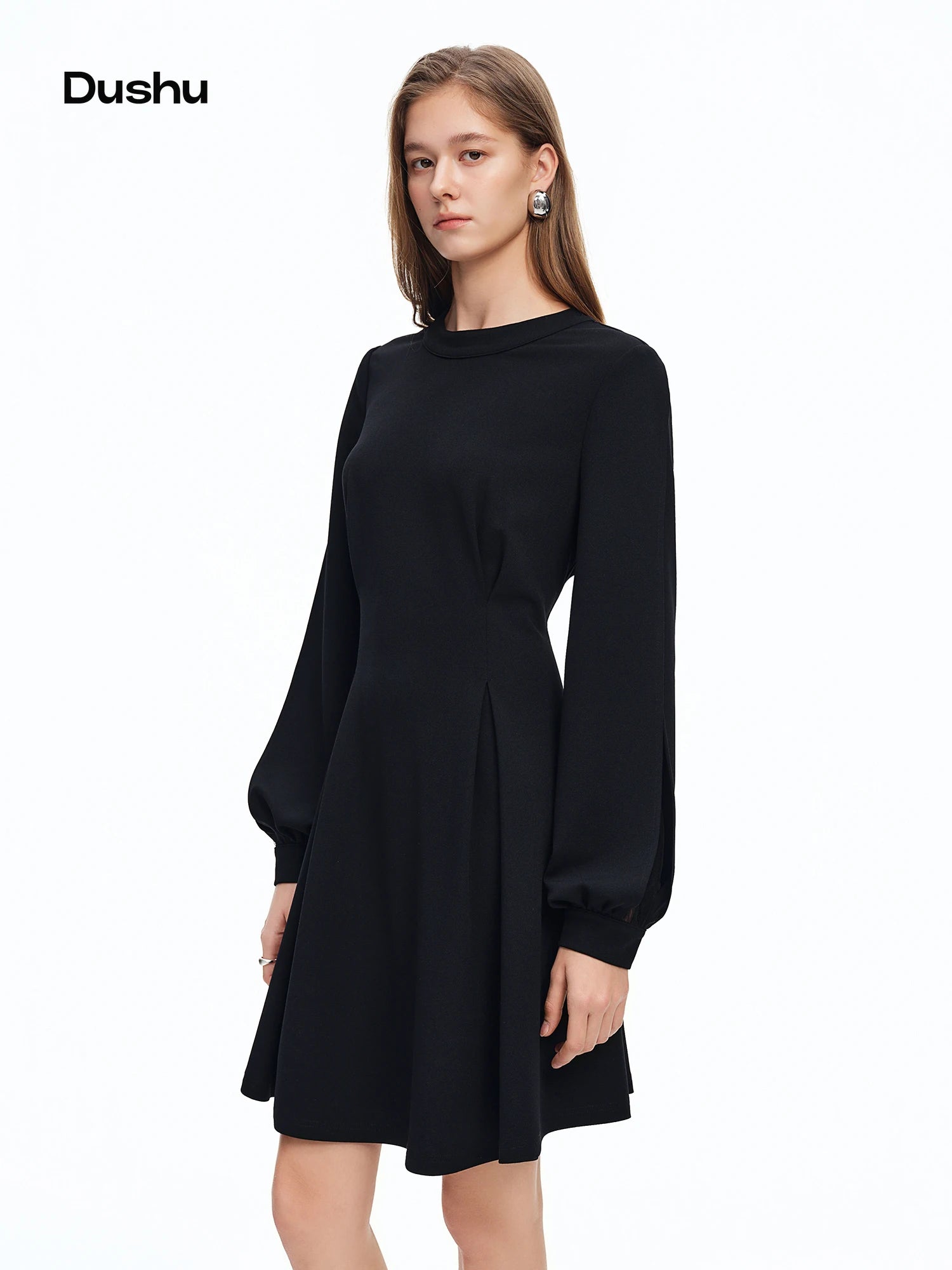 DUSHU 2026 Spring Women's French Waist Dress, Black Bodycon Mini Dress A-line Midi Dress Office Chic Retro Minimalist Style