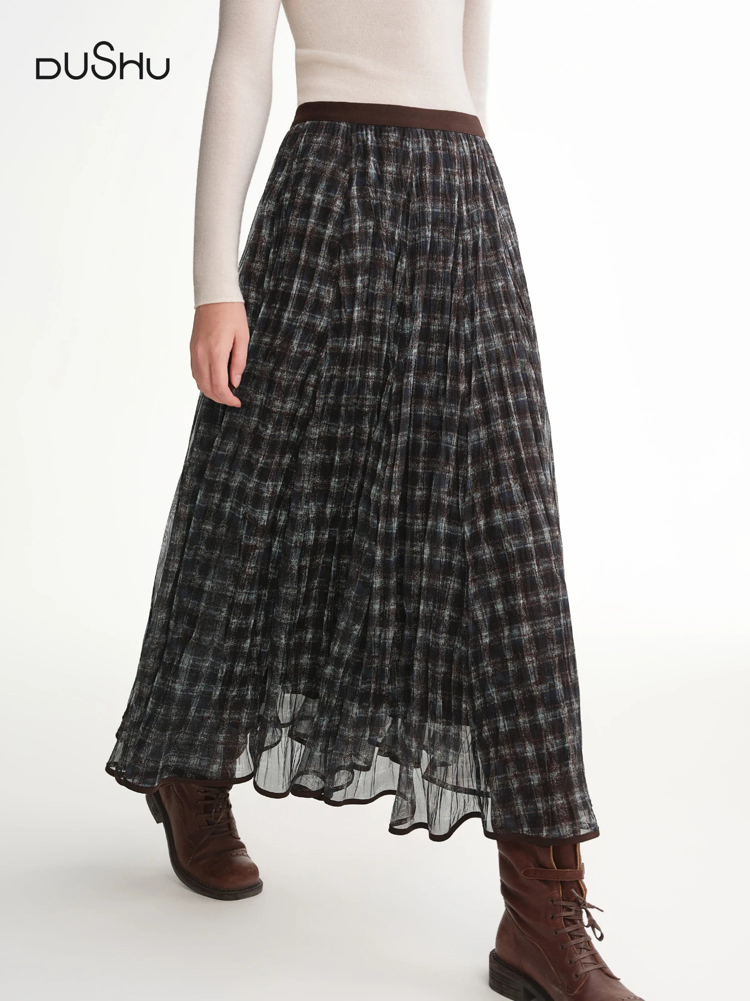 DUSHU Blue Brown Plaid Tulle Pleated Plaid Midi Skirt Women A-line Irregular Midi Skirt for Winter Vintage Fairy Personality Ins