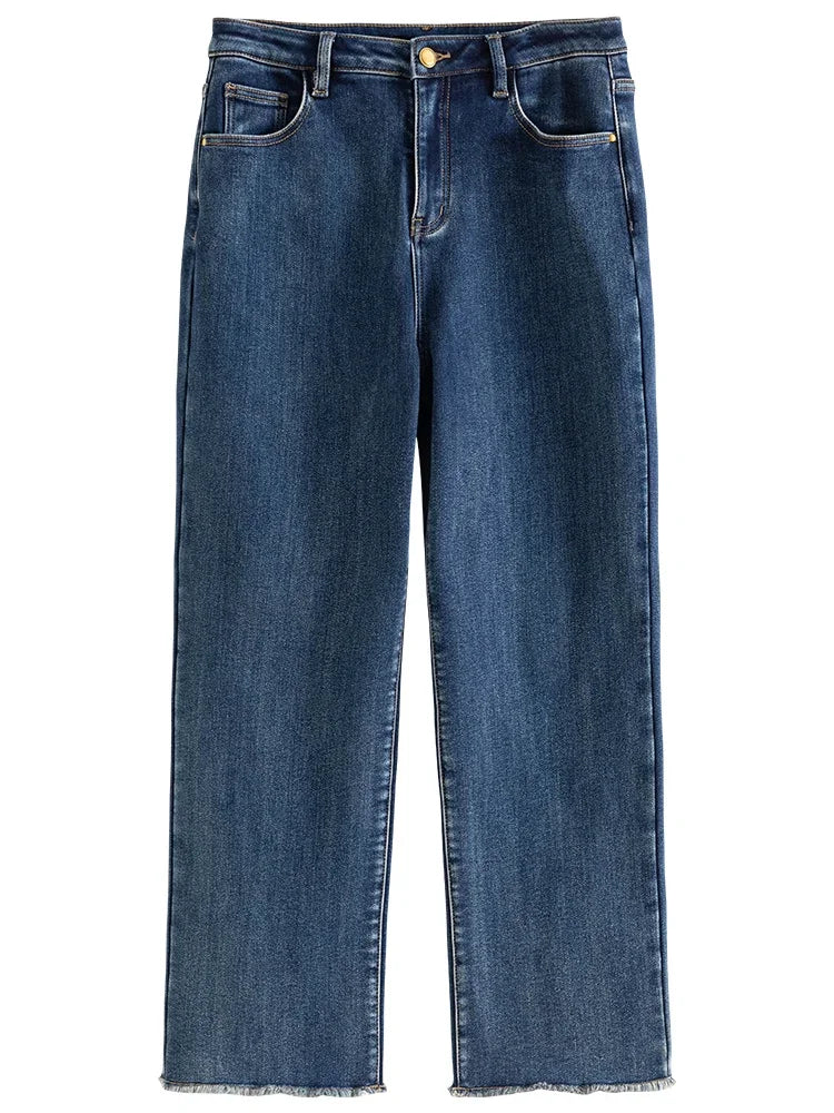 DUSHU High Waist Women Winter New Cotton Elastic Fleece Straight Jeans Denim Black All-Match Thicken Warm Cropped Female Jean