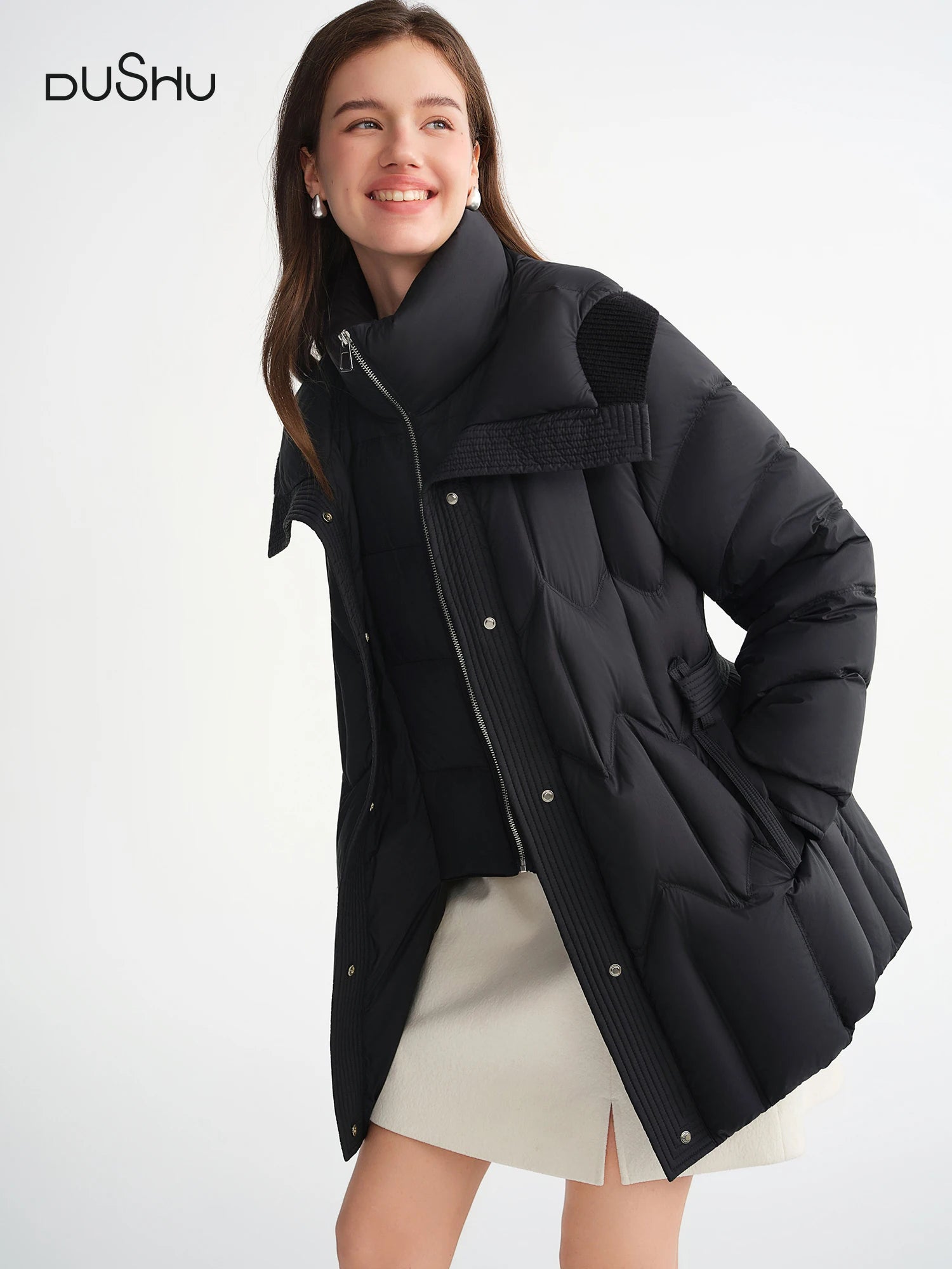 DUSHU Plus Size 2025 Women Two Piece Style Splicing Quilted 90% Duck Down Coat Winter Warm Stand Collar Short Puffer Jacket