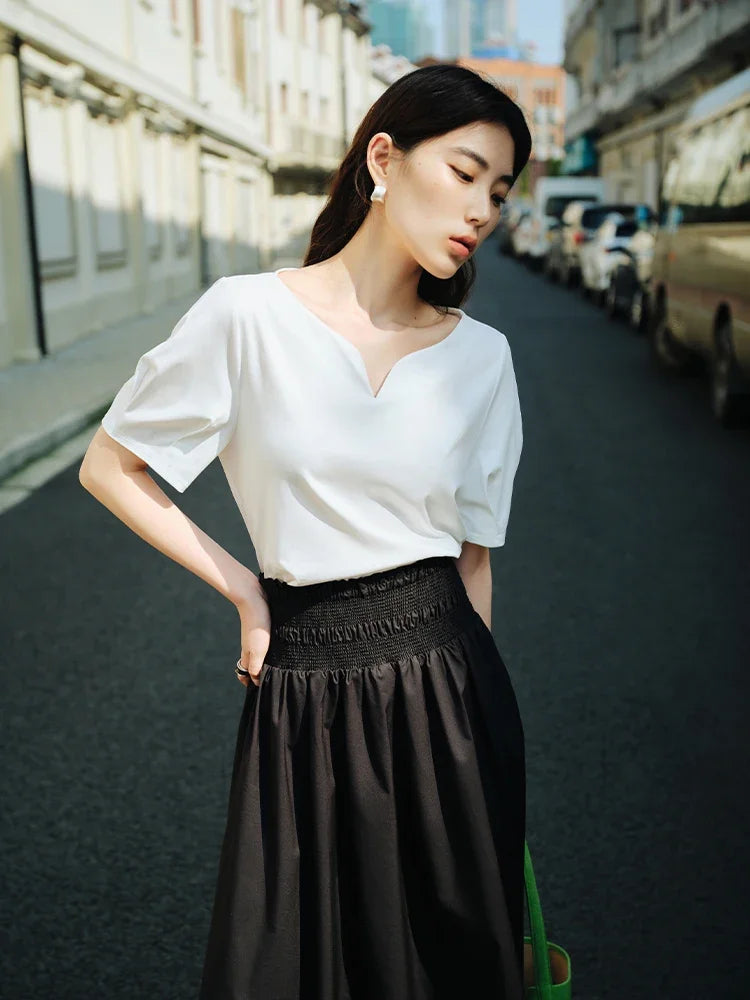 DUSHU Summer Unique Design Elegant Casual Versatile Women White T-Shirt 2024 New Drop Collar Exquisite Top For Female 24DS82350