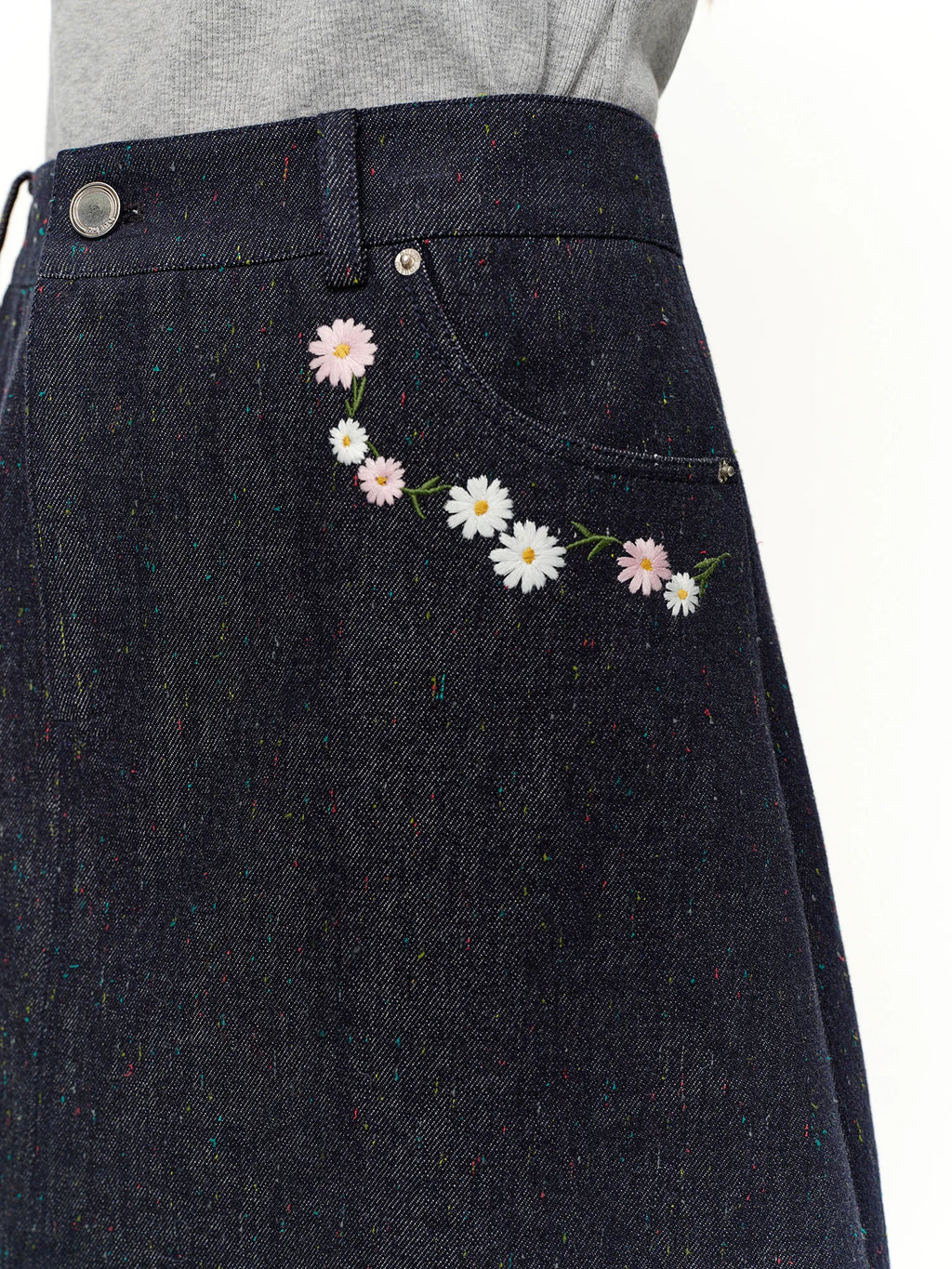 DUSHU Women Floral Embroidered Colorful Dot Denim Skirt Spring 2026 New Arrival Slimming High-Waisted A-Line Thigh Length Skirt