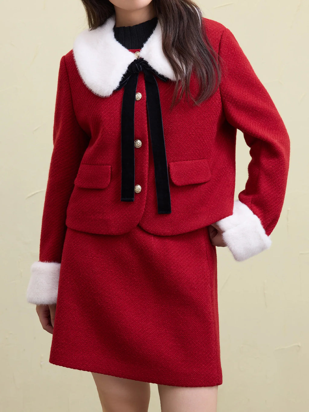 DUSHU 25.7% Wool Red Detachable Collar Elegant Style Suit 2024 Winter New Design Style Christmas Skirt Two-piece Set Red Jacket