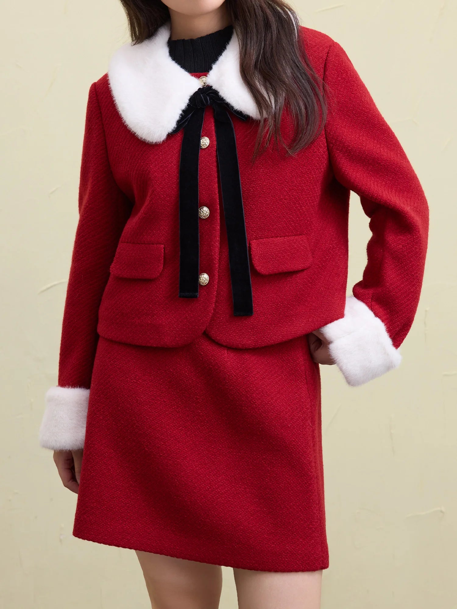 DUSHU 25.7% Wool Red Detachable Collar Elegant Style Suit 2024 Winter New Design Style Christmas Skirt Two-piece Set Red Jacket