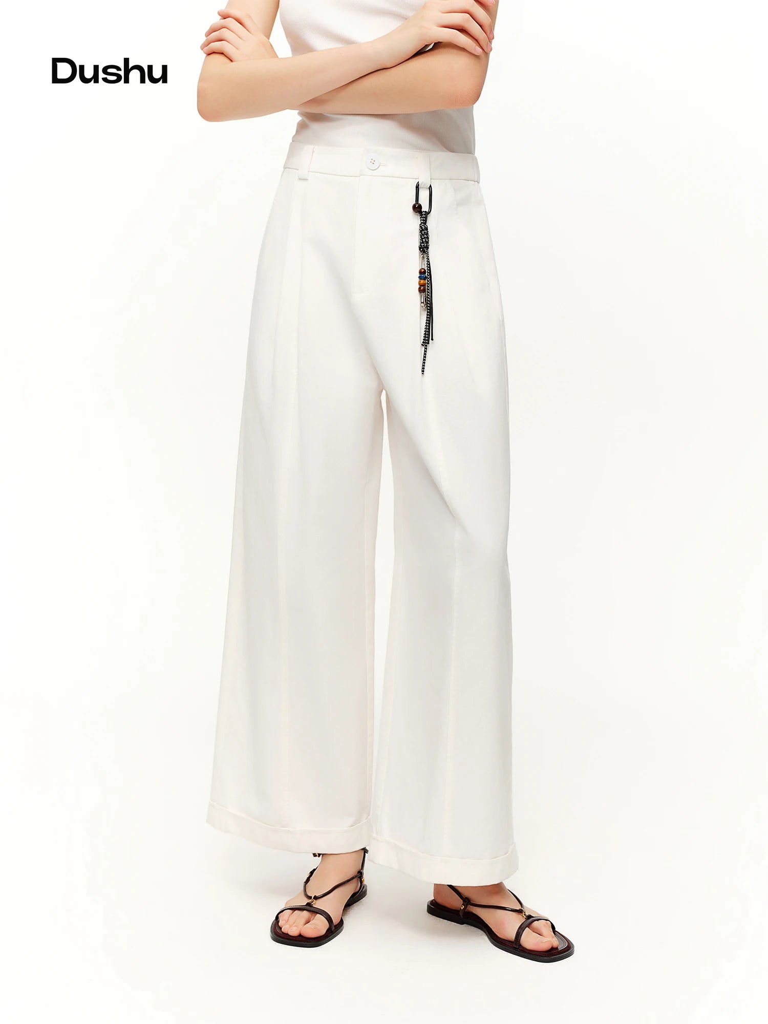 DUSHU Spring Women Beaded Drawstring High Waist Wide Leg Trousers Straight Fit Casual Pants Minimalist Street Style Loose Fit