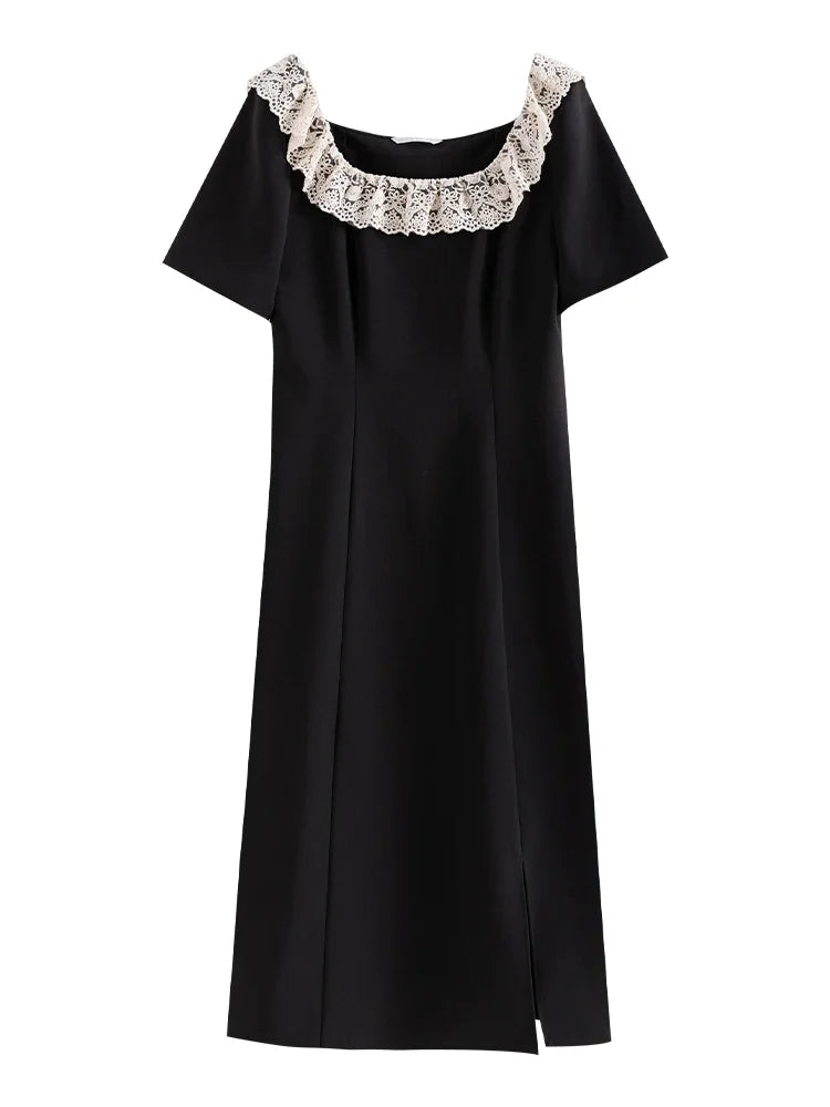 DUSHU Women Long Black A-LINE Dress Neckline Lace Design Female Short Sleeve High Waist Polyester Split Dresses 24DS82682