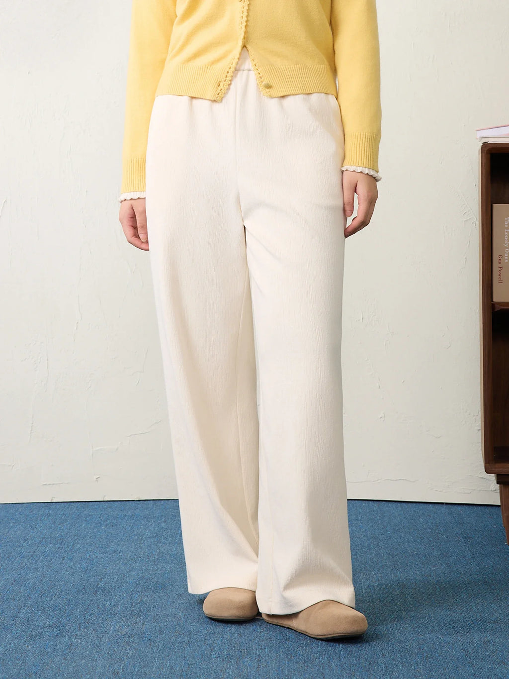 DUSHU Women Spring Casual Pants Beige All-Match Elastic Waist Straight Trousers Black Commuter Long Trouser 25DS81140