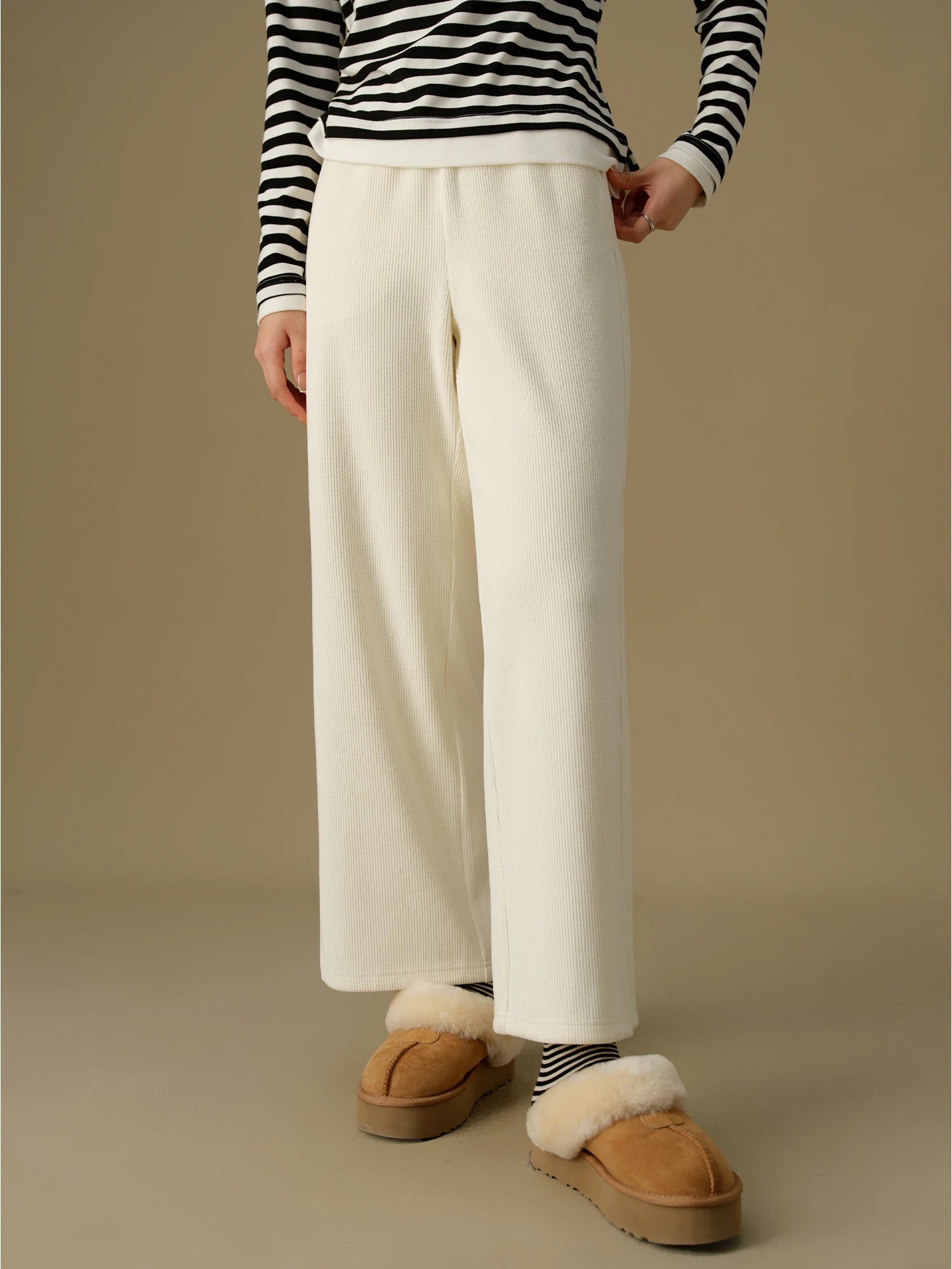 DUSHU【2 Colors】Women Thick Trousers 2024 Winter Beige Elastic Waist Full Length Trousers Black Commuter Pant 24DS84528+24DS84429
