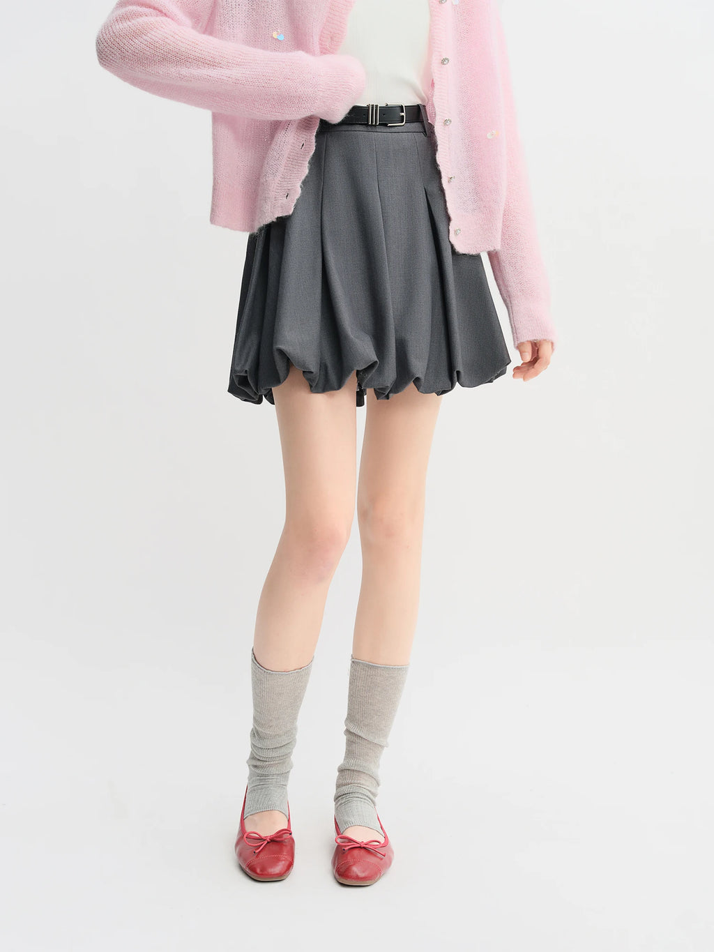 DUSHU Plus Size Ballet Style Bud Short Skirt for Women 2025 Autumn New Arrival Sweet A-line Chic Gray Skirt 25DS83079