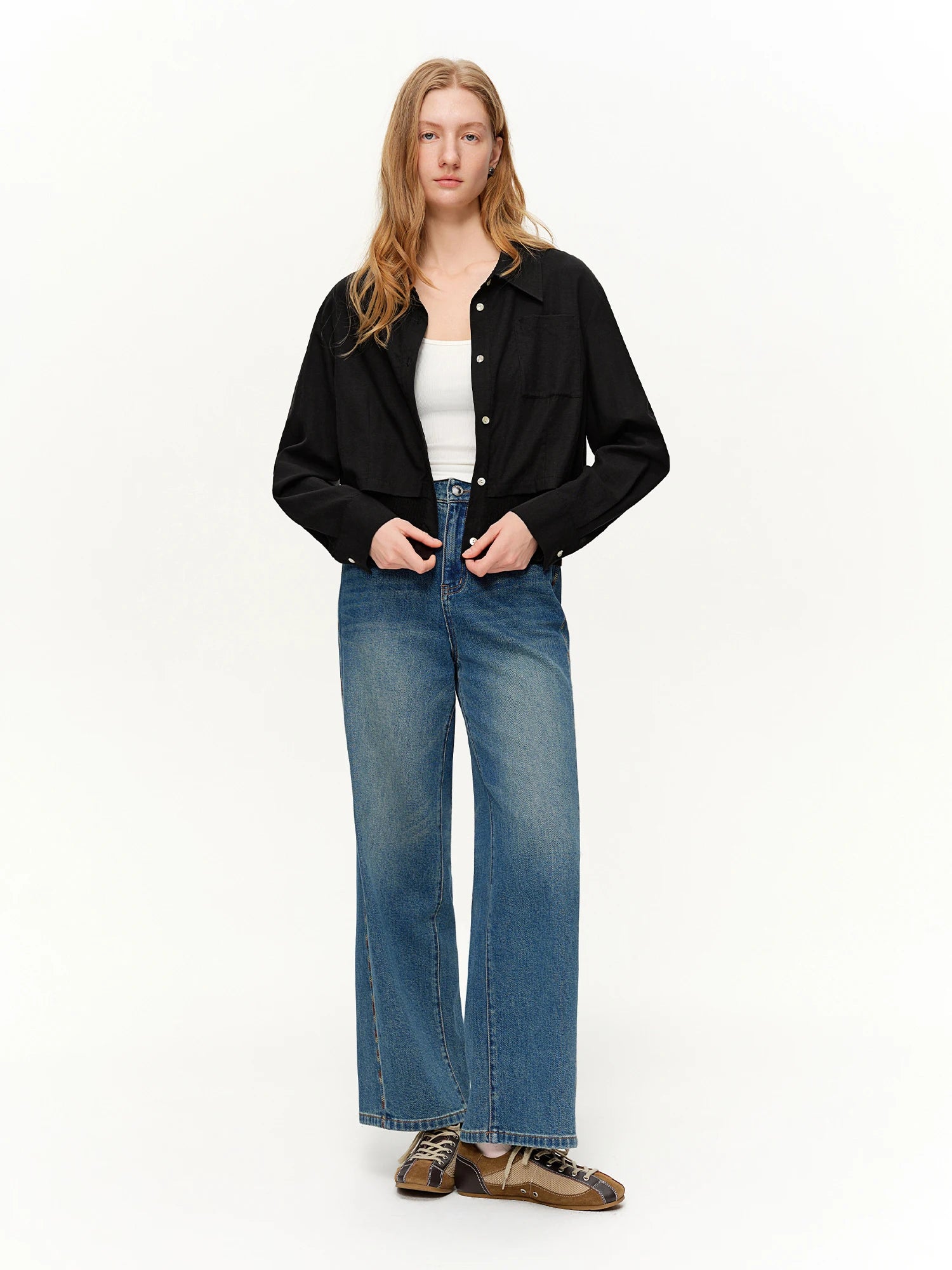 DUSHU 2026 Spring Women's Color Block Embroidered Straight Leg Jeans with Two Length Feature, Mix Match Patchwork Denim Pants
