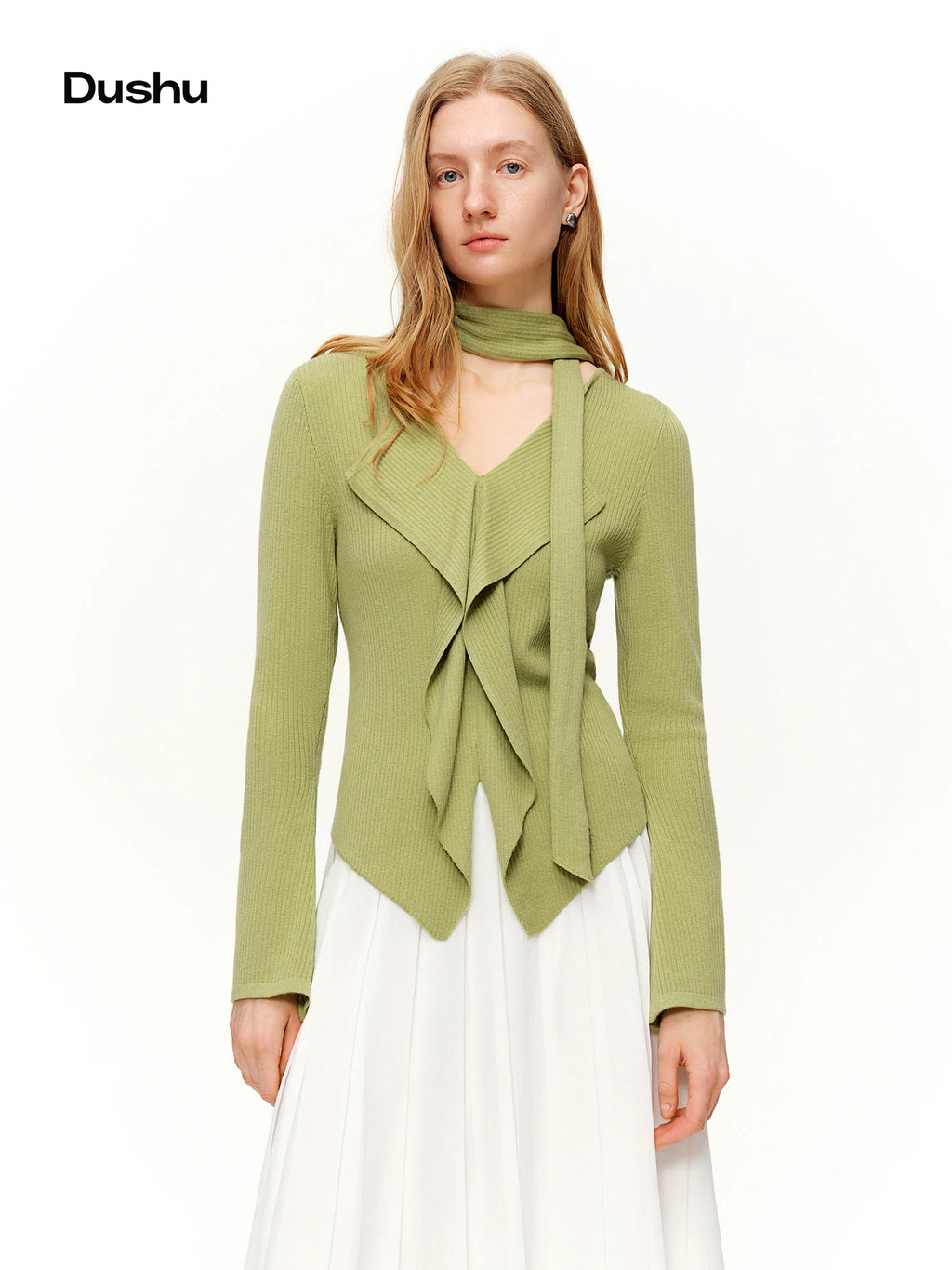 DUSHU 2026 New Spring Women's Ribbon Tie V-Neck Knit Sweater, Lazy Loose Fit Basic Pullover, Y2K Retro Daily Elegant Plus Top