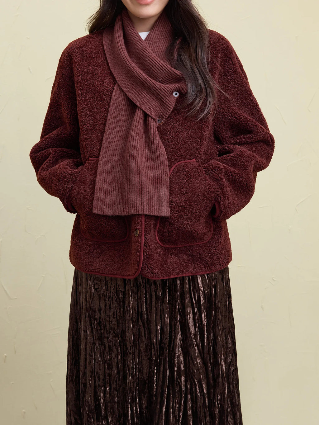 DUSHU Women Winter Coat With Scarf Faux Lambskin Coats Round Neck Drop Sleeve Casual Dark Red Jackets 24DS84648