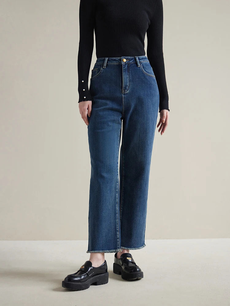 DUSHU High Waist Women Winter New Cotton Elastic Fleece Straight Jeans Denim Black All-Match Thicken Warm Cropped Female Jean