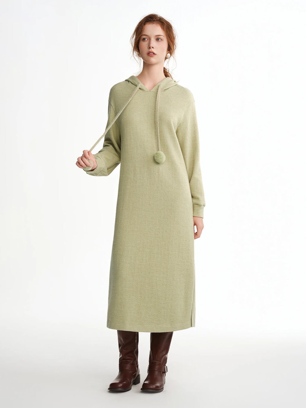 DUSHU 2025 Winter Women's Pom Pom Hooded Knit Dress with Drawstring Waist - Casual Long Sleeve Tunic Dress for Daily Wear