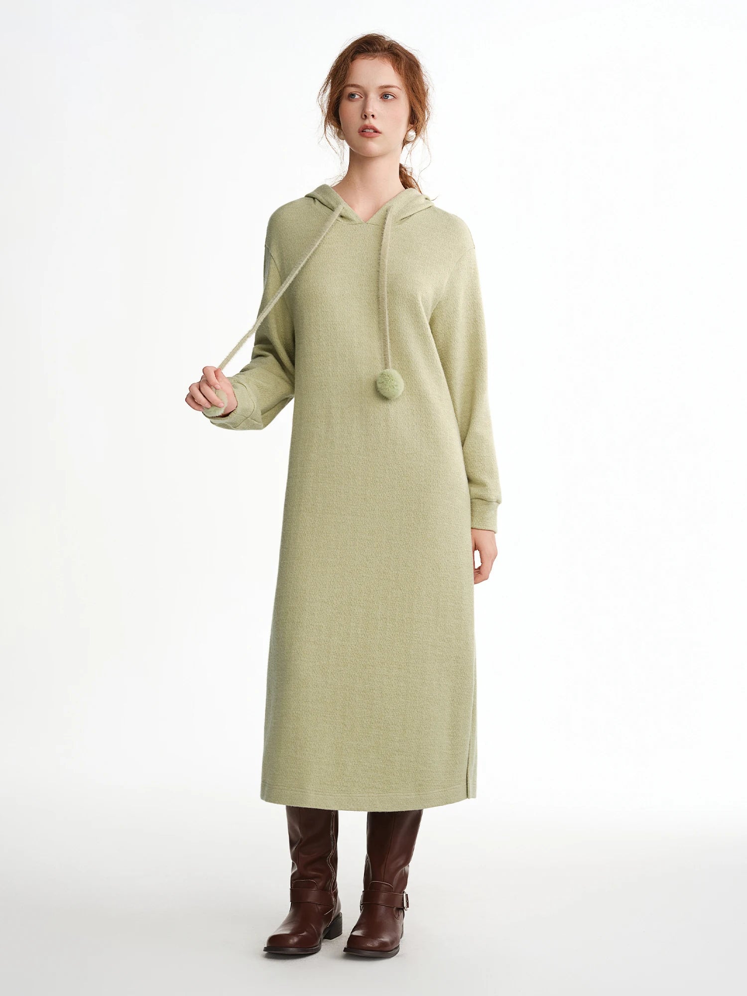 DUSHU 2025 Winter Women's Pom Pom Hooded Knit Dress with Drawstring Waist - Casual Long Sleeve Tunic Dress for Daily Wear