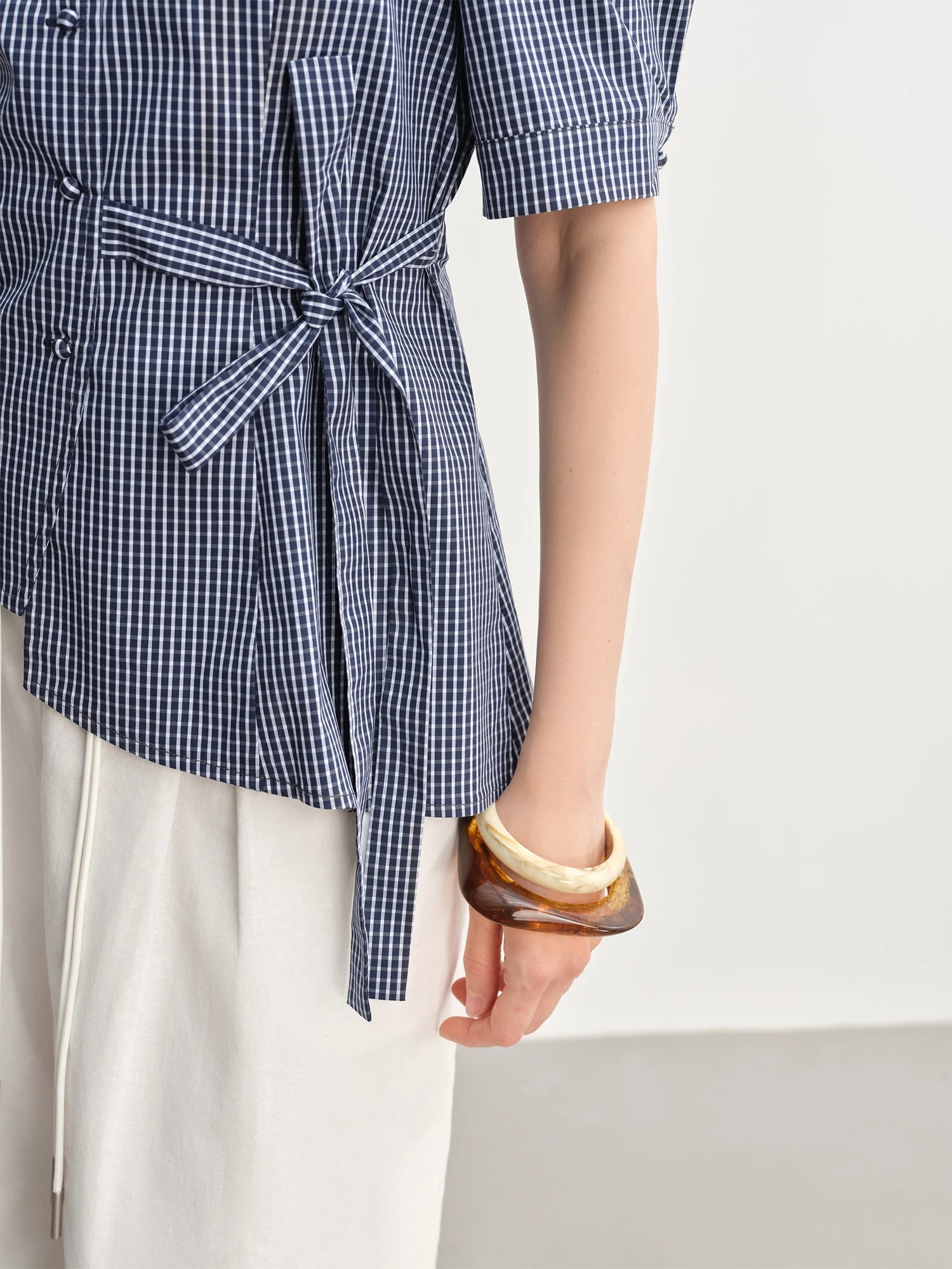 DUSHU 2025 Summer Women's Gingham Strappy Top - Adjustable Ties Short Sleeve Shirt with Flattering Silhouette & Design Details