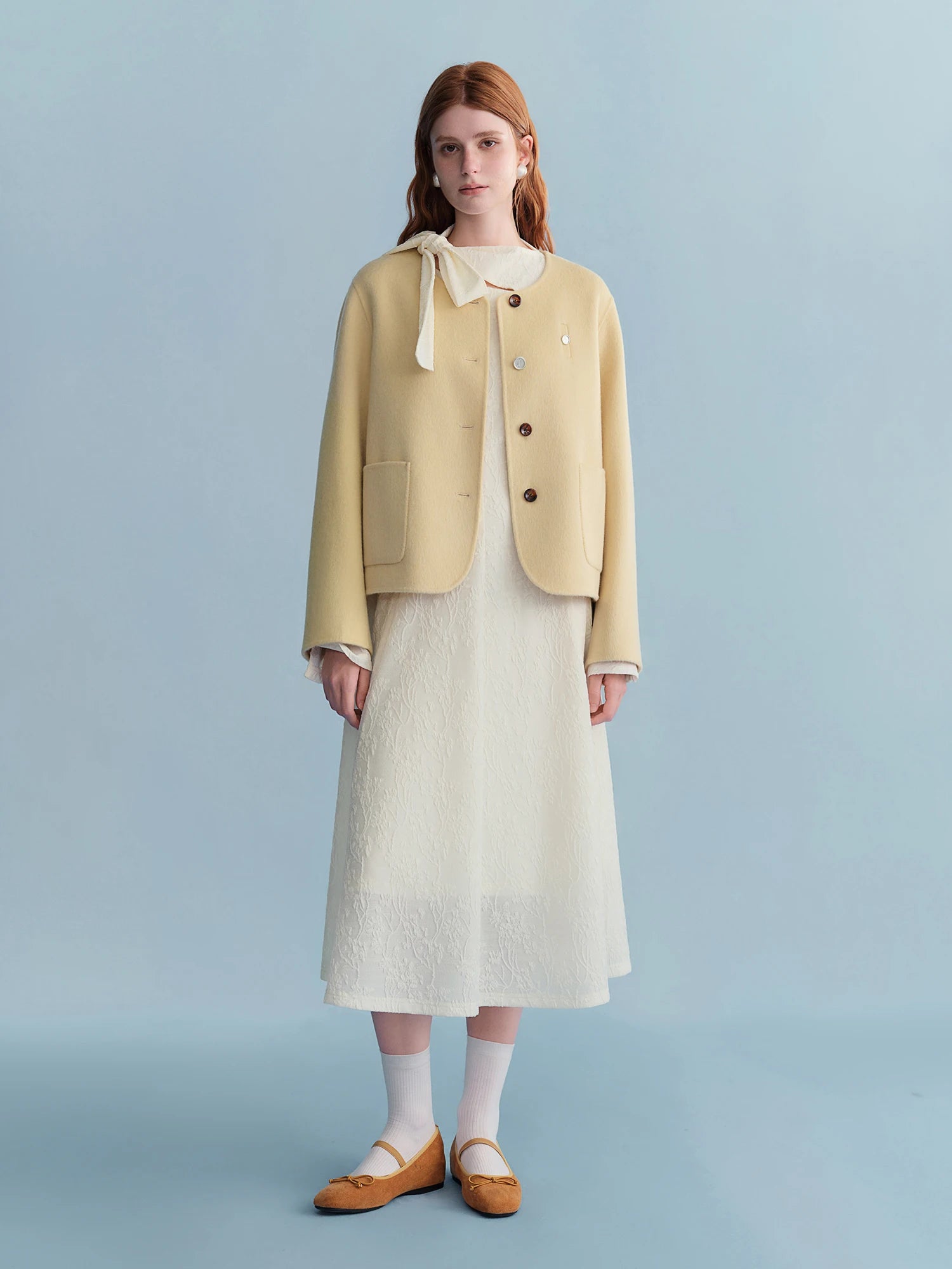 DUSHU Embossed Textured Ribbon Beige Dress Women Plump Temperament Mid-calf French Style Long Sleeve Elegant Commuting Solid