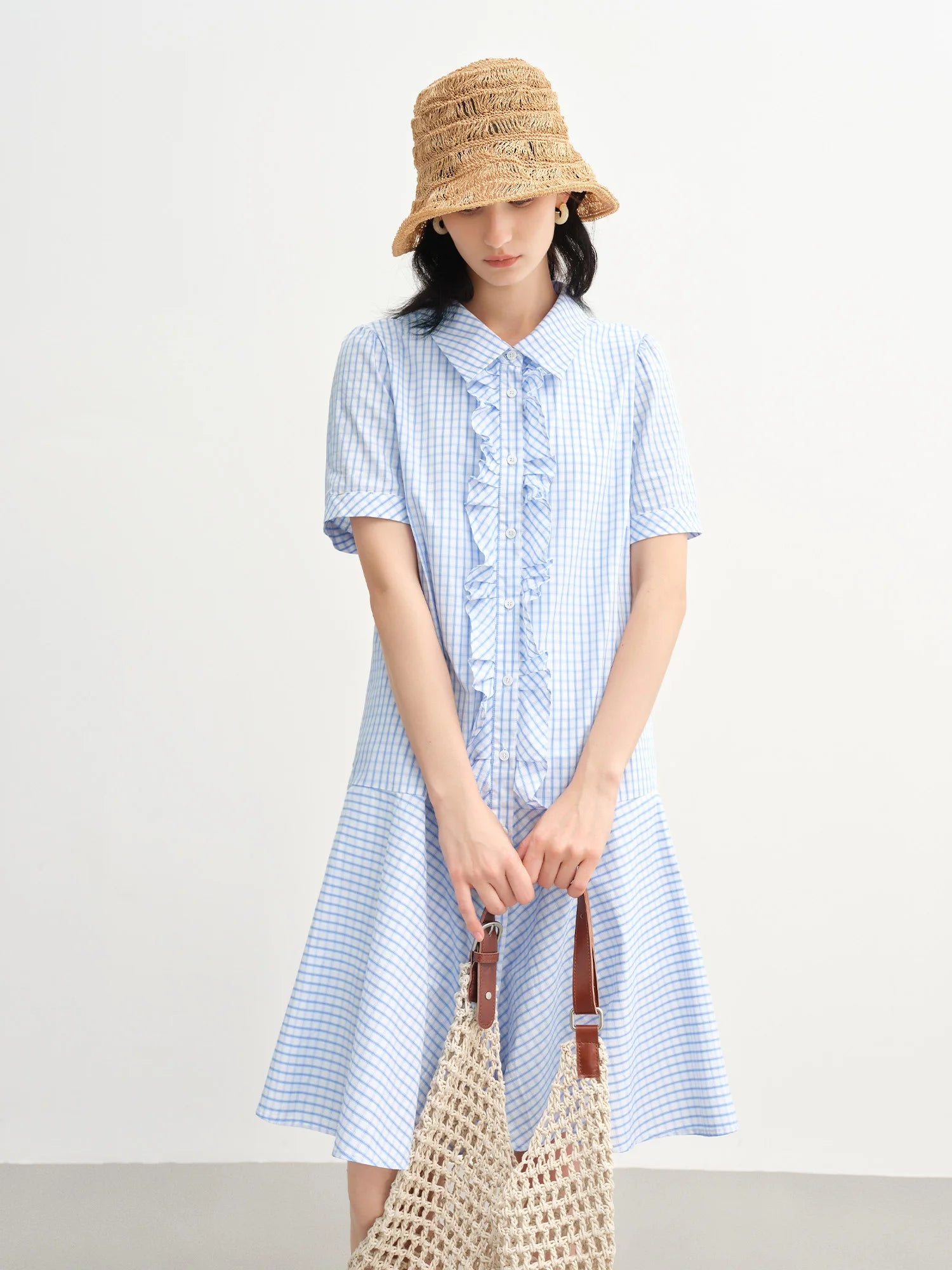 DUSHU Ruffled Decorative Plaid Shirt Dress For Women 2025 Summer New Arrival Commuter Temperament Blue Dress 25DS82381