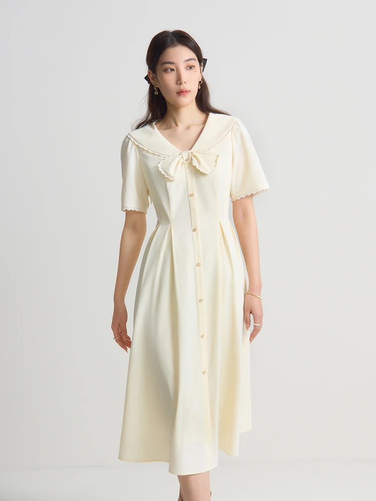 DUSHU 【2 Colors】Sweet Peter Pan Collar Design Women Single Breasted Dress Green Short Sleeve Mid-Calf A-LINE Skirt 24DS82275