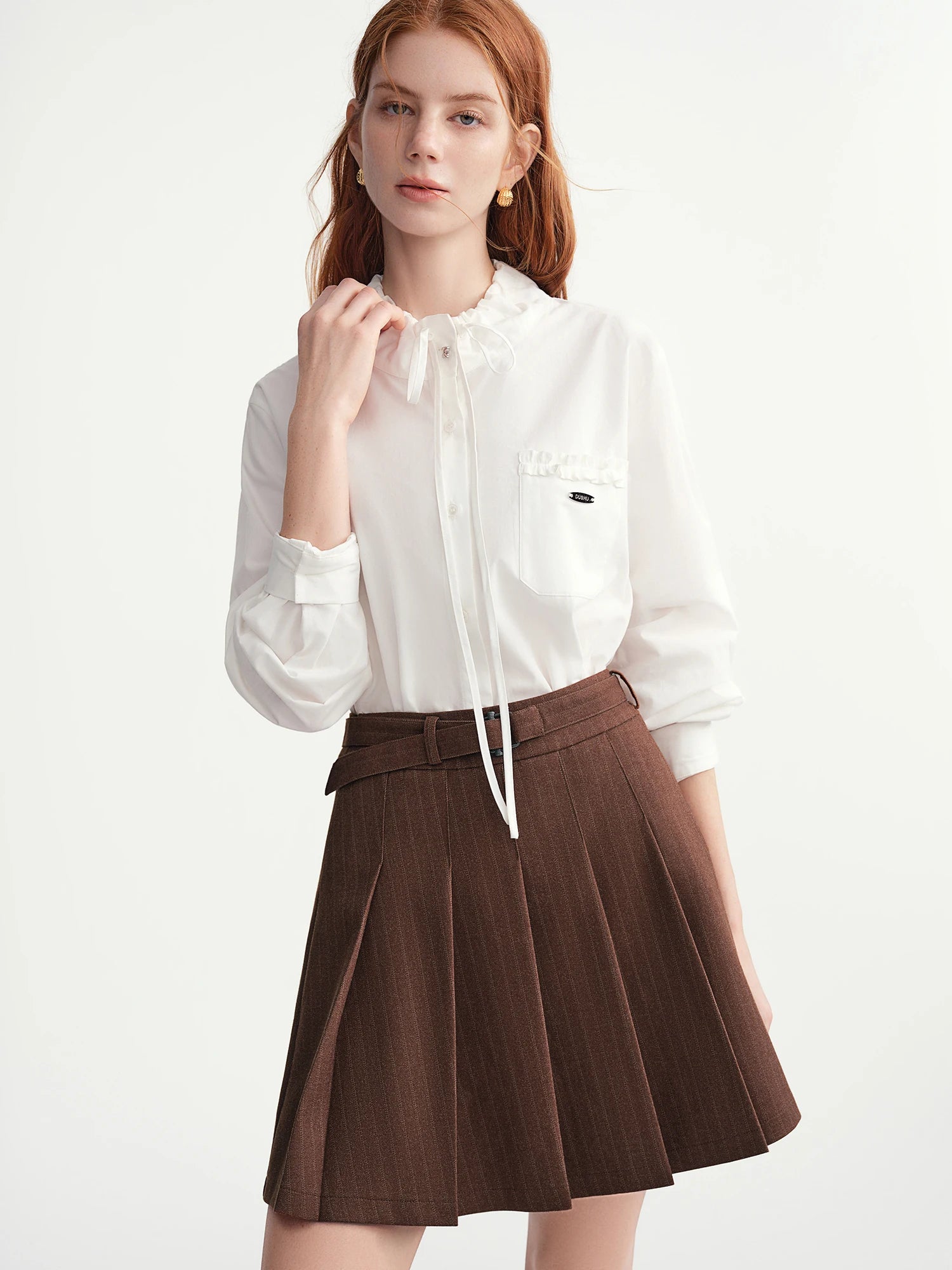DUSHU Plus Size Women Sweetly Crinkled' White Woodland Collar 100% Cotton Shirt Comfortable 2025 New Arrival Retro Design Blouse