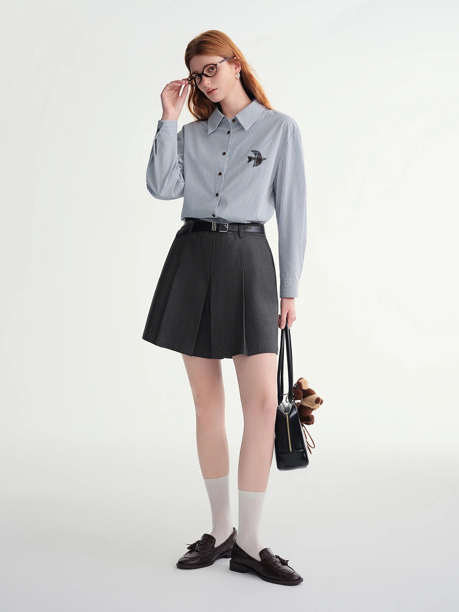 DUSHU Plus-Size Women Fashion The Birds Artistic Checkered Applique Embroidery Stripe Shirt  Winter 2025 Collection Women Shirt
