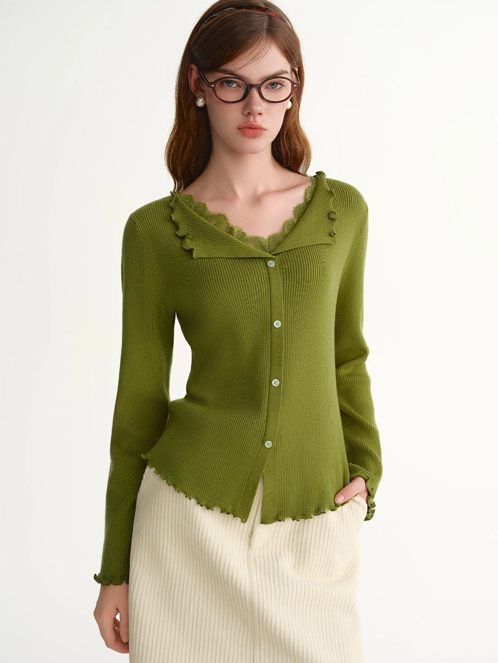 DUSHU【Lovely Christmas】2025 Plus Size Lace Trim Stand Collar Ribbed Knit Sweater Slimming Baselayer Turtleneck Elegant Blouse