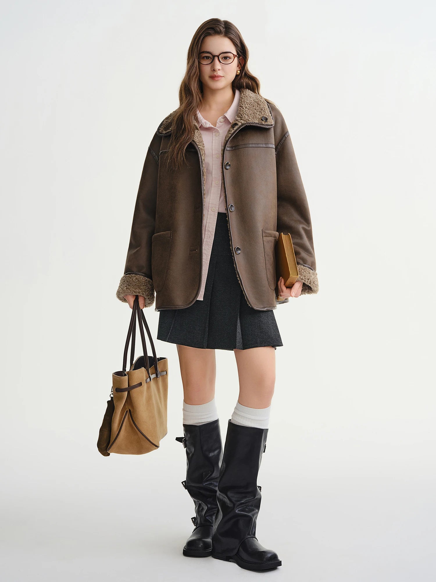 DUSHU Plus Size Brown Fur Jacket Stright Design Loose Fit Warm Reversible Vintage American Style 2025 Winter New Style Leisure