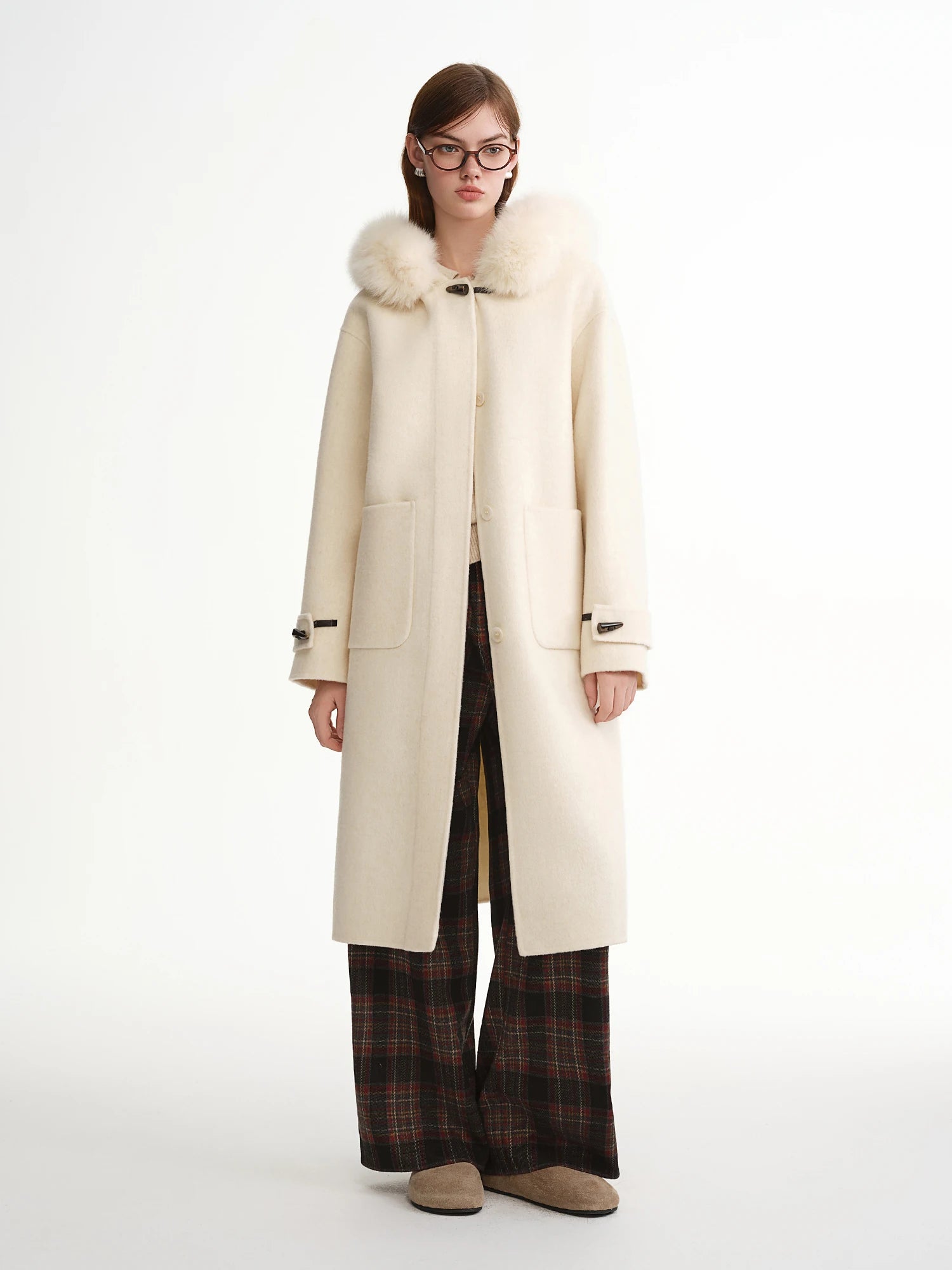 DUSHU Plus-Size Women's Sunset Snow Mountain Fox Fur Collar Double-Faced Wool Overcoat: 2025 Winter New Arrival 100% Wool Coats