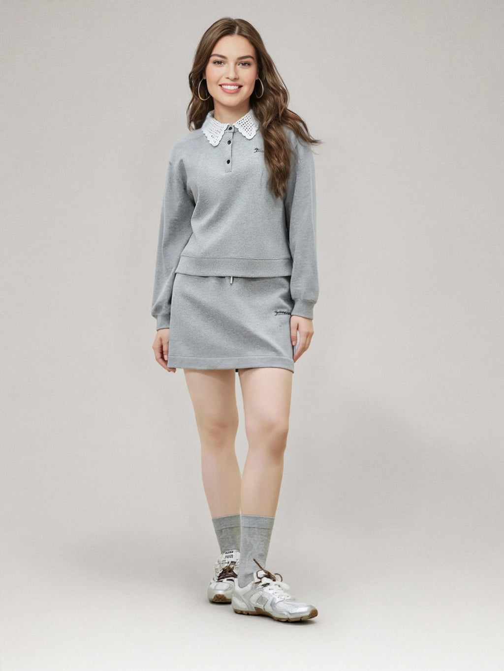 DUSHU Women Spring Sweatshirt Skirt Sets Crochet Doll Collar Female Grey Casual Sweatshirts Suit Mini Skirt 25DS81244+25DS81245