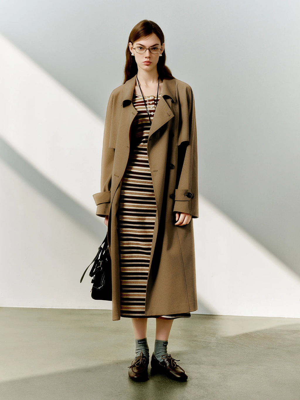 DUSHU Classic Khaki Double Breasted Long Trench Coat - Spring Oversized Lapel Coat with Belted Waist for Casual and Office Wear