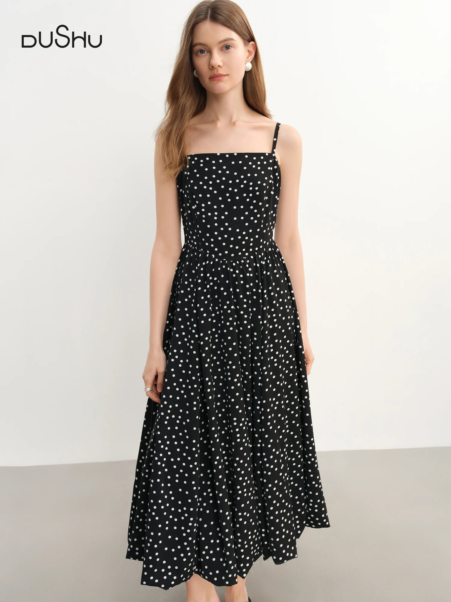 DUSHU Plus Size Women Retro French Wave Dot Strapless Dress 2025 Summer Black Dots Slimming Skirt Black Elegant Dress 25DS82824