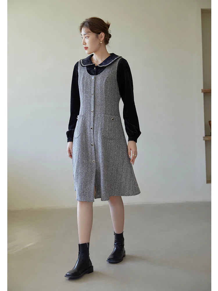 DUSHU Women's Retro Plaid U-neck Vest Skirt Pocket Design Button Placket Design Long Woolen A-line Dress Women Winter Dresses