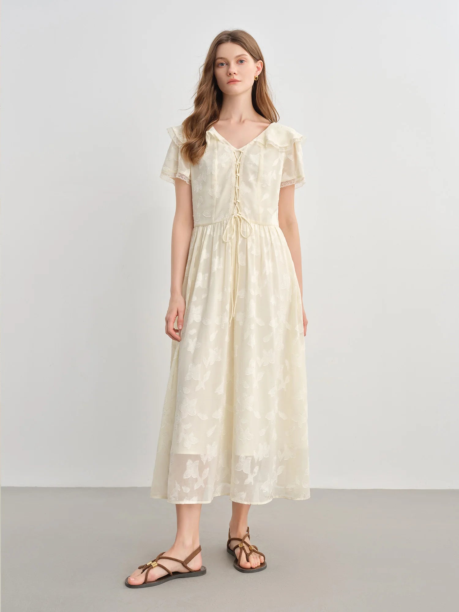 DUSHU Plus-Size Women Summer 2025 New Arrival  Elegant Ruffled Collar Jacquard V-Neck Romantic Fitted Waist Long Dress 25DS82753