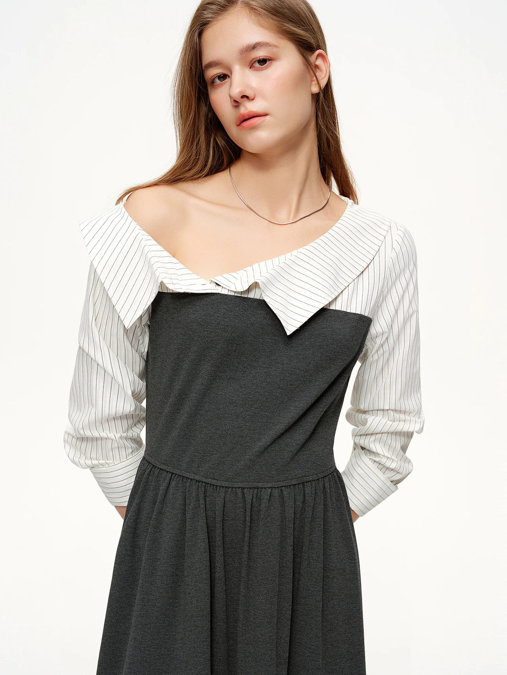 DUSHU Commuting Style U-Neck Stripe Dress 2026 Spring New Arrival Collection Two-Piece Illusion Asymmetric Hemline Design Dress