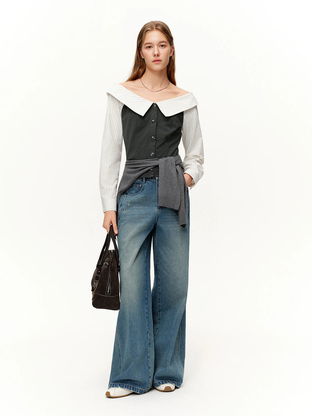 DUSHU 2026 Spring Women's Off-Shoulder Contrast Panel T-Shirt Waist-Defining Seam Ruffle Trim - Fashion Cropped Top for Casual