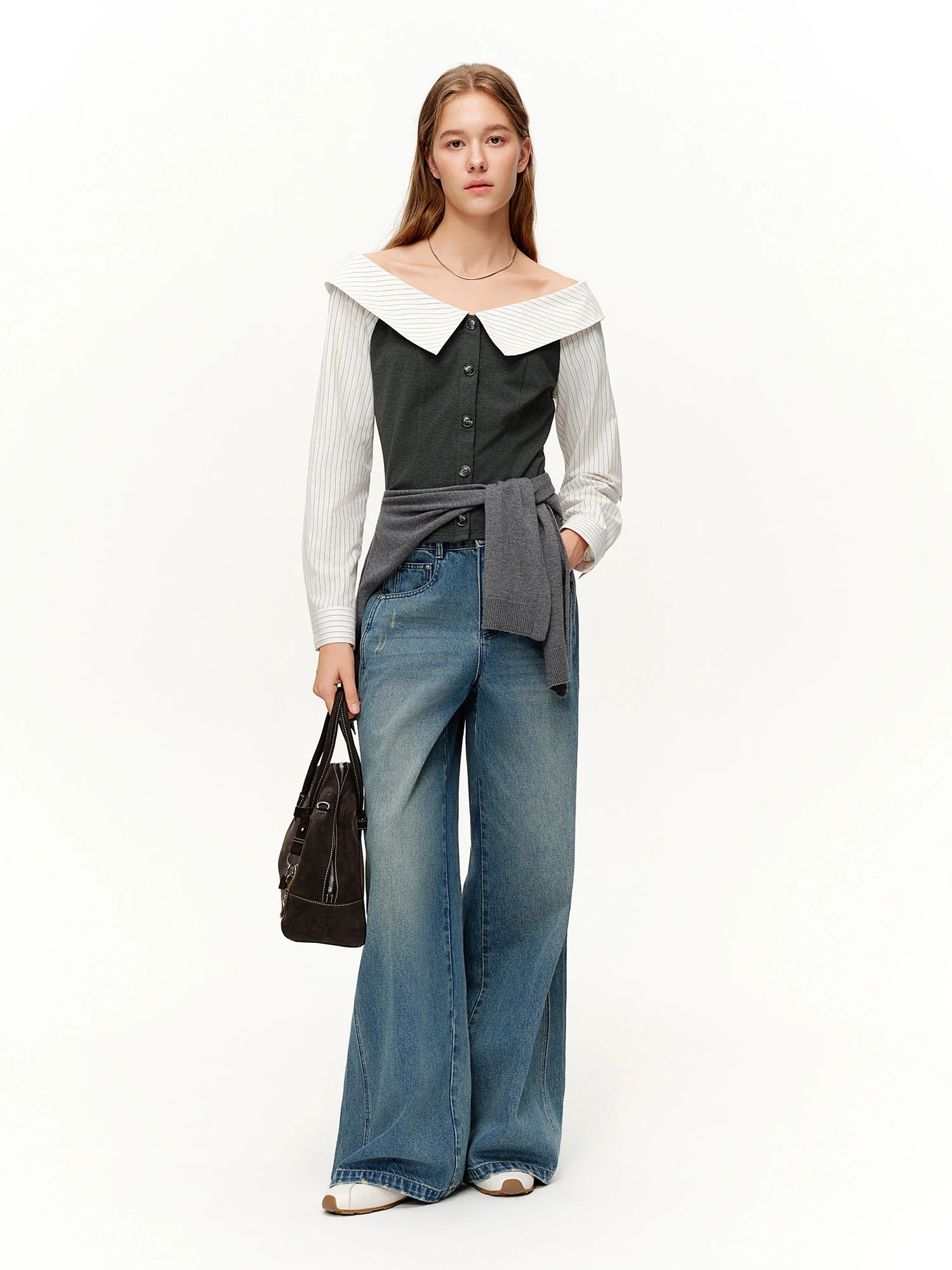 DUSHU 2026 Spring Women's Off-Shoulder Contrast Panel T-Shirt Waist-Defining Seam Ruffle Trim - Fashion Cropped Top for Casual