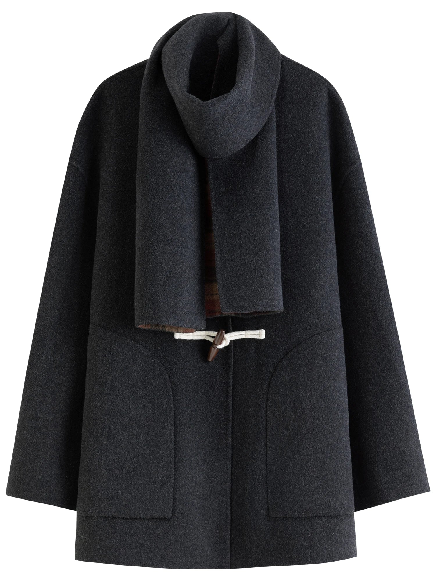 DUSHU Plus Size Women Two Sided Wear Vintage Plaid Wrap Coat 2025 Winter Tweed Overcoat Reversible Long Coat Detachable Scarf