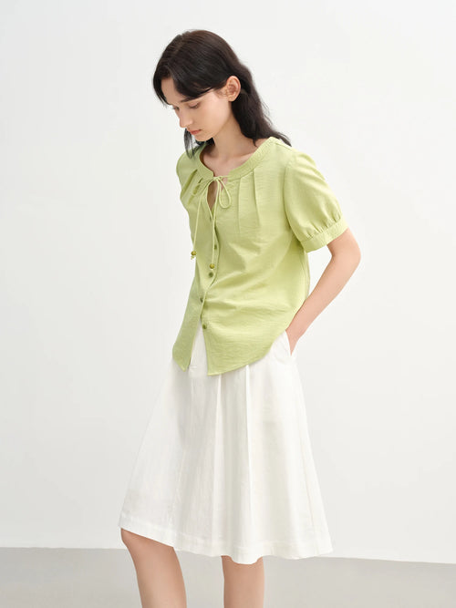DUSHU 2025 Summer Women's Curve-Flattering H-Line Shirt - Botanical Tie-Waist & Breathable Linen for Effortless Chic