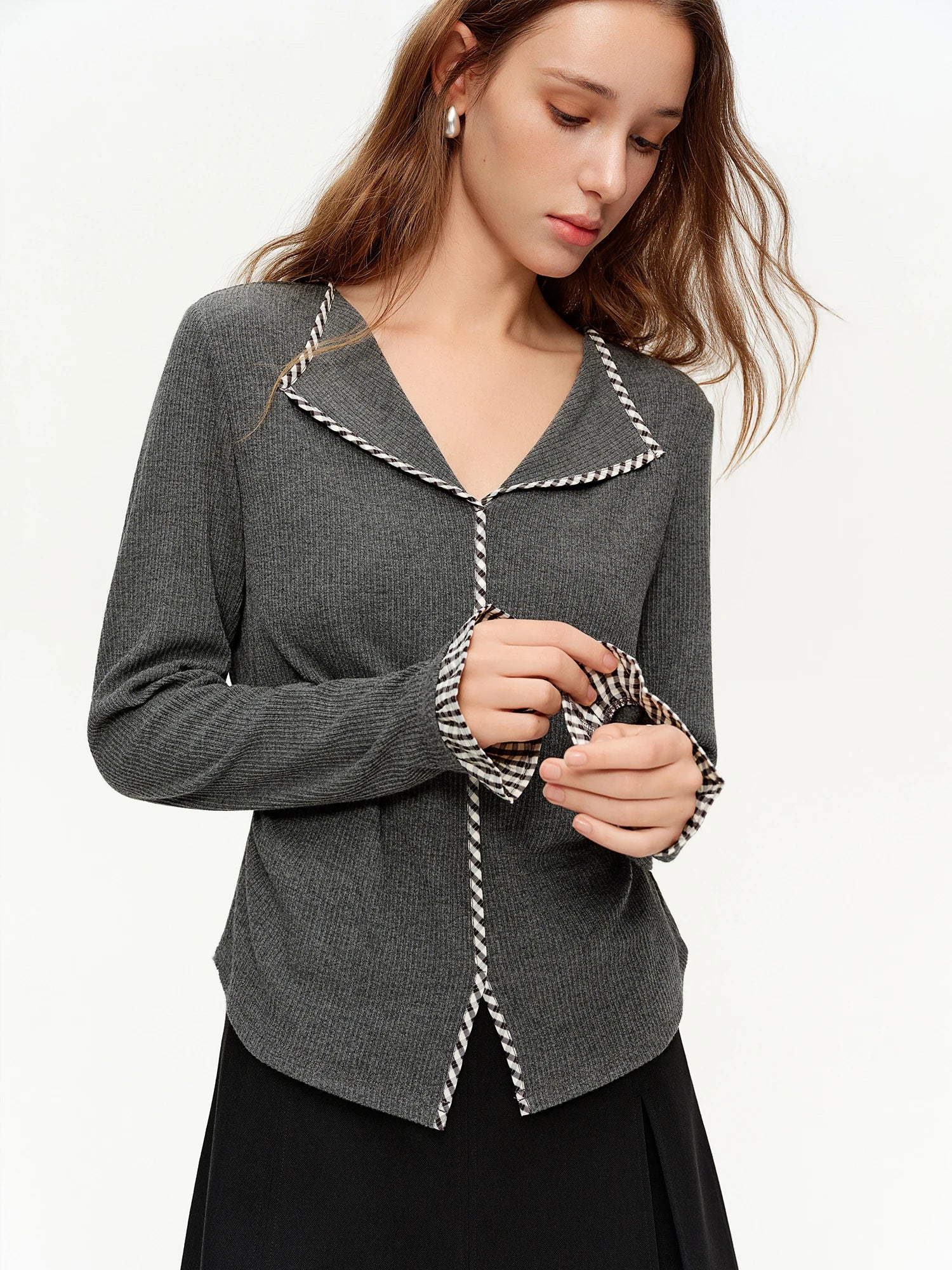 DUSHU 2026 Plus Size Spring New Women's Knit Top, Minimalist Plaid Color Block Long Sleeve Shirt, Y2K Retro Basic Layering Tee