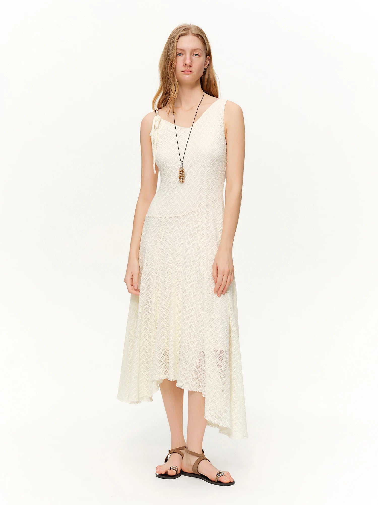 DUSHU Lace Mesh Irregular V-neck Dress New Spring White High-waisted Slim Suspender Pleated Sundress Fairycore Tender Leisure