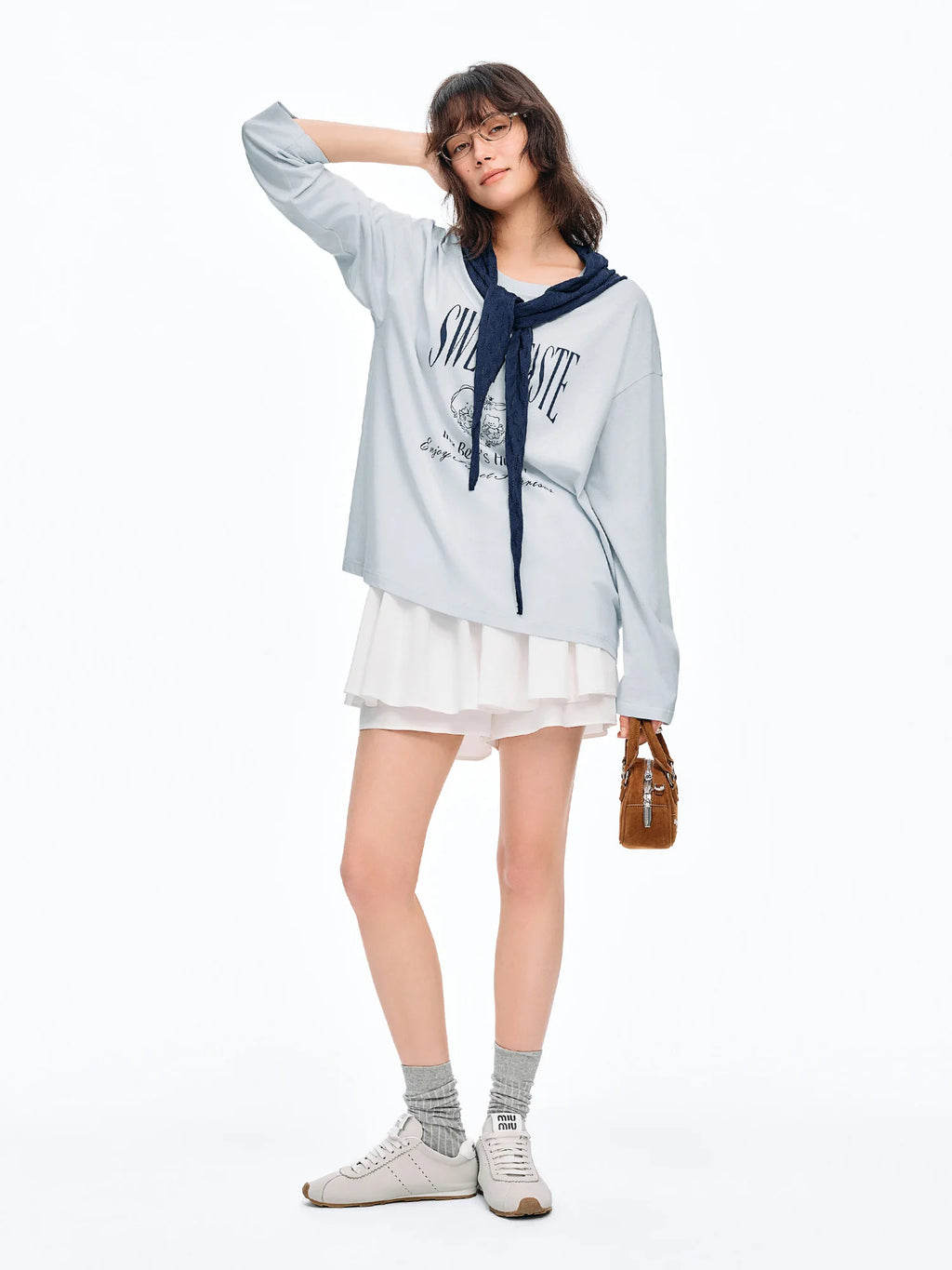 DUSHU Knitted Shawl Long-Sleeved T-Shirt 2026 Summer New Casual Two-Piece Set Letter Printed Leisure Chic Korean Trendy