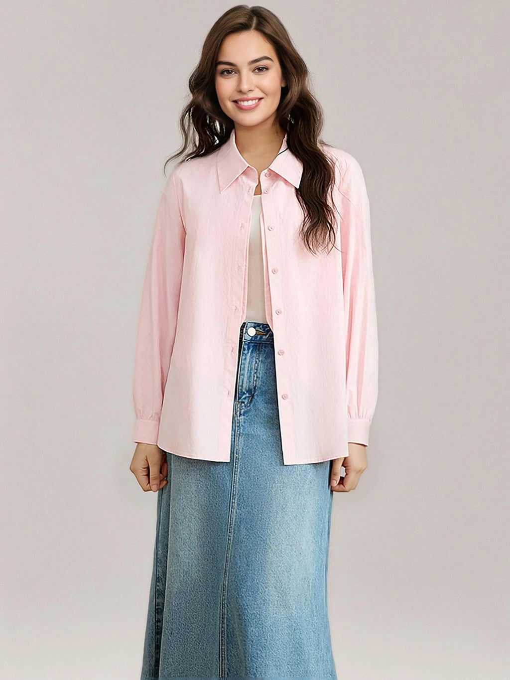DUSHU 100% Cotton Women Pink Blouse Tops Fake Two Design Polo Neck Long Sleeve Top 2025 Spring Casual Shirt 25DS81122
