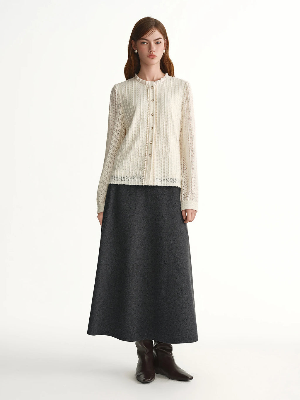 DUSHU 2025 Winter Women's Elegant Lace Blouse with Intricate Cut-out Design - Soft Romantic Style for Daily and Evening Wear