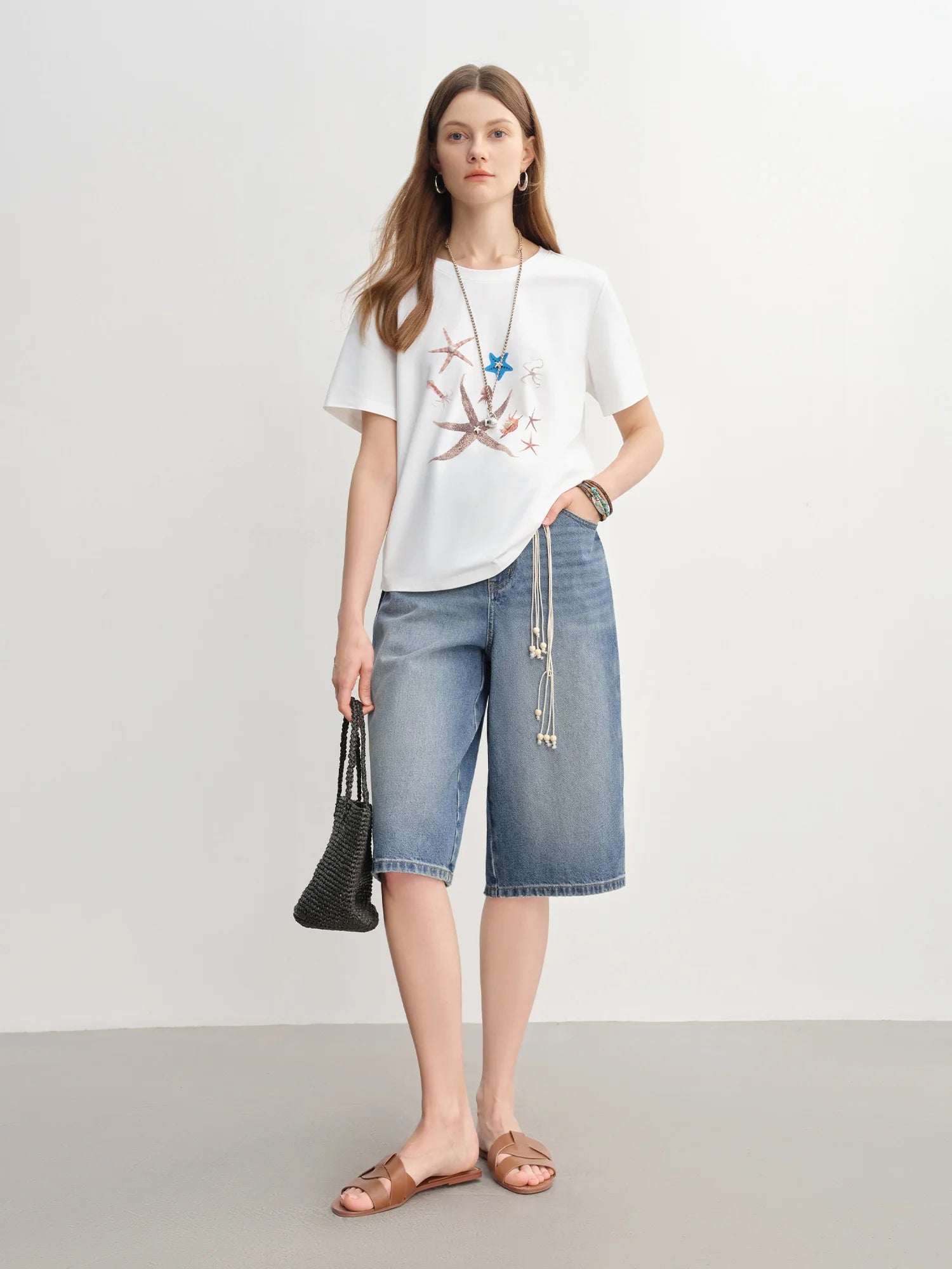 DUSHU Women Marine Element Printed Shell Decorated T-shirt 2025 New Arrival Fashion Versatile Slim Casual Top 25DS82912
