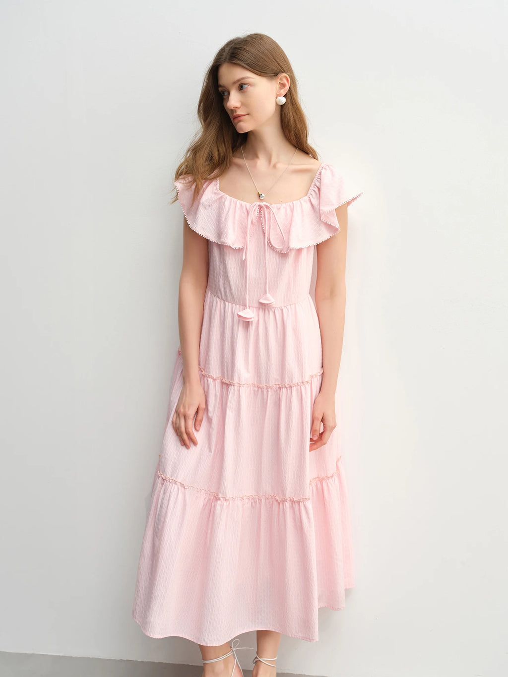 DUSHU Plus Size Ruffled Cake Shape Pink White Dress For Women 2025 Summer New Arrival Elegant French Style Long Dress 25DS82360