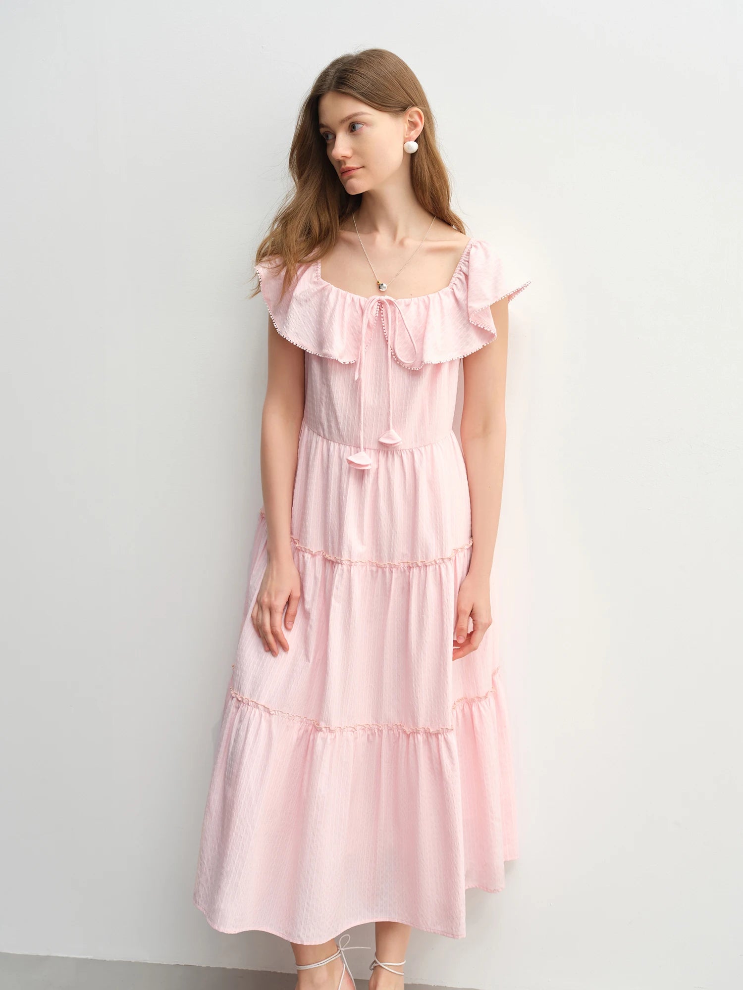 DUSHU Plus Size Ruffled Cake Shape Pink White Dress For Women 2025 Summer New Arrival Elegant French Style Long Dress 25DS82360
