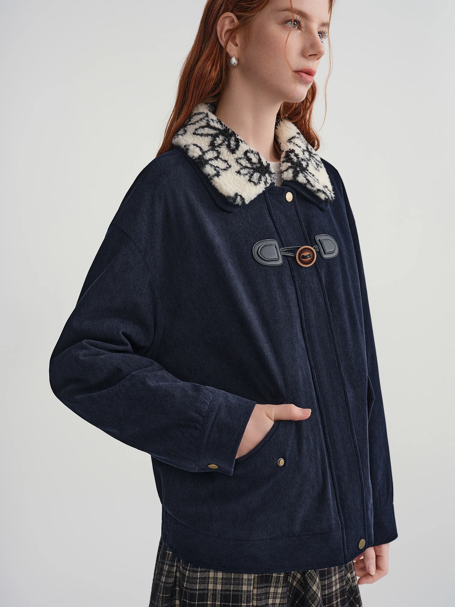 DUSHU Plus-Size Women's Shearling Collar Corduroy Lined Mid-Classic Blue Tone Jacket Fall-Winter 2025 New Arrival Coat Jackets
