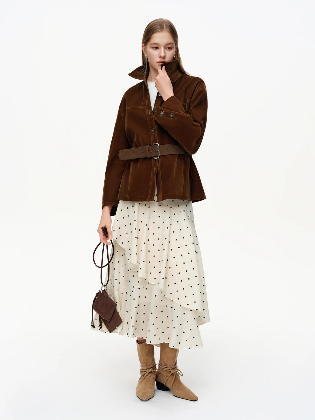 DUSHU 【Polka Dot Waltz】Women's Irregular Ruffled Hem Midi Skirt 2026 Spring New Arrival Skirt Collection Circular Dot Mini Skirt